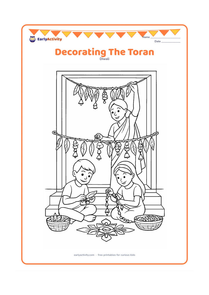 Colouring page: Two siblings sit on a veranda making a detailed toran from mango leaves, marigolds, beads, and bells, while an adult holds the cord above the doorway. Add a rangoli under the steps and…
