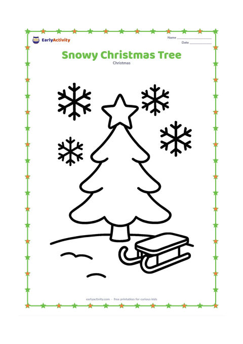 Colouring page: A small Christmas tree stands outdoors beneath large falling snowflakes, with a snow-covered ground and one simple sled nearby. Include a large star at the top of the tree.