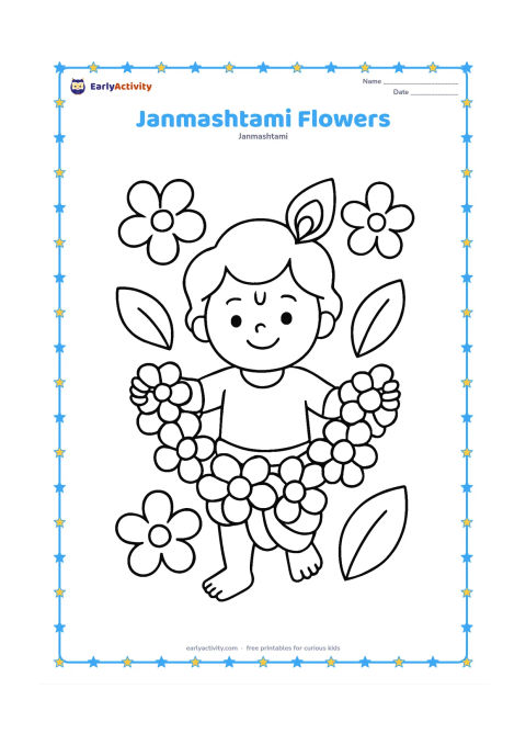 Colouring page: Draw a smiling child Krishna holding a large flower garland, with three oversized flowers and broad leaves around him. Keep the composition centred and uncluttered.