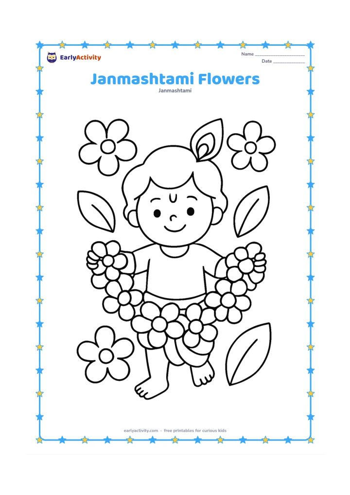 Colouring page: Draw a smiling child Krishna holding a large flower garland, with three oversized flowers and broad leaves around him. Keep the composition centred and uncluttered.