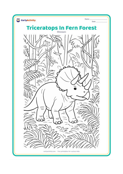 Colouring page: A full-body triceratops moves through a dense prehistoric fern forest, with overlapping fronds, tree trunks, vines, and patches of sunlight. Its three horns and large frill must remain…