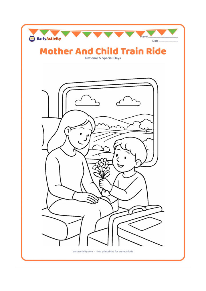 Colouring page: A mother and child sit together by a train window while the child gives her a small flower bouquet. Show the seat, luggage, a blank ticket shape without marks, the window frame and a…