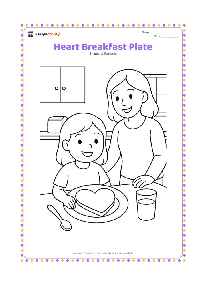 Colouring page: A child sits at a kitchen table with a heart-shaped dosa on a plate, a glass of milk, a spoon, and a smiling parent nearby.