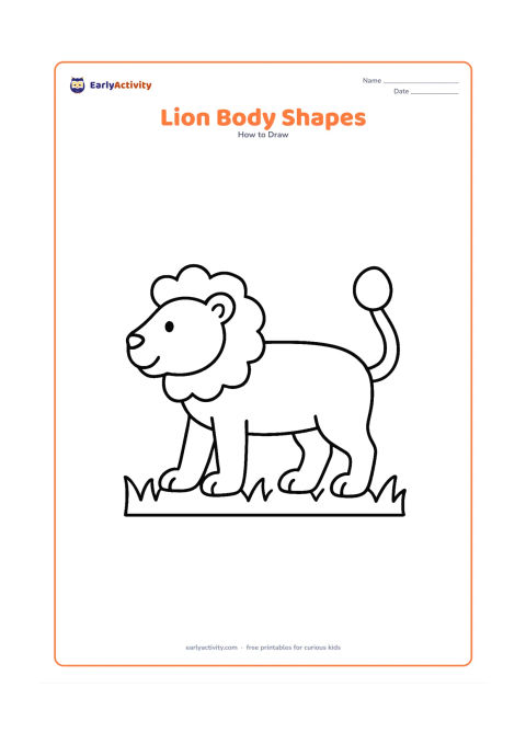 Worksheet: Show a side-view lion made from a large oval body, oval head, four simple leg shapes and a curved tail with a large tuft. Place the body above a bold strip of grass and keep the pose…