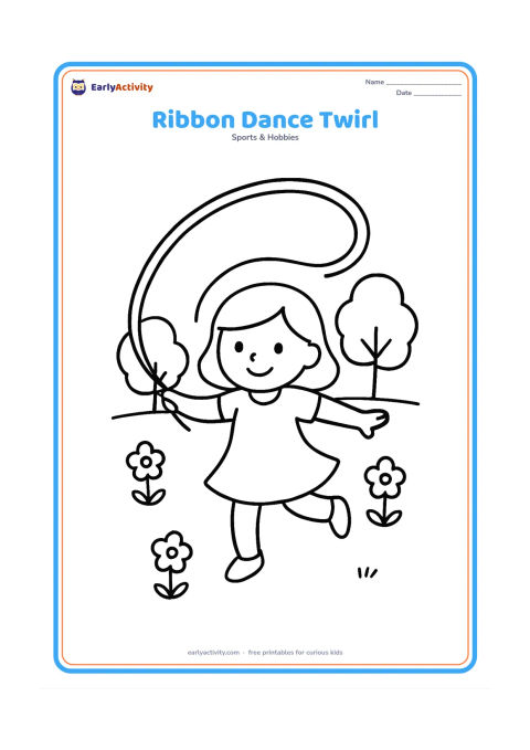 Colouring page: Draw one child spinning with a long ribbon making one large looping curve around them. Place the dancer in an open park with two simple trees and a few round flowers.