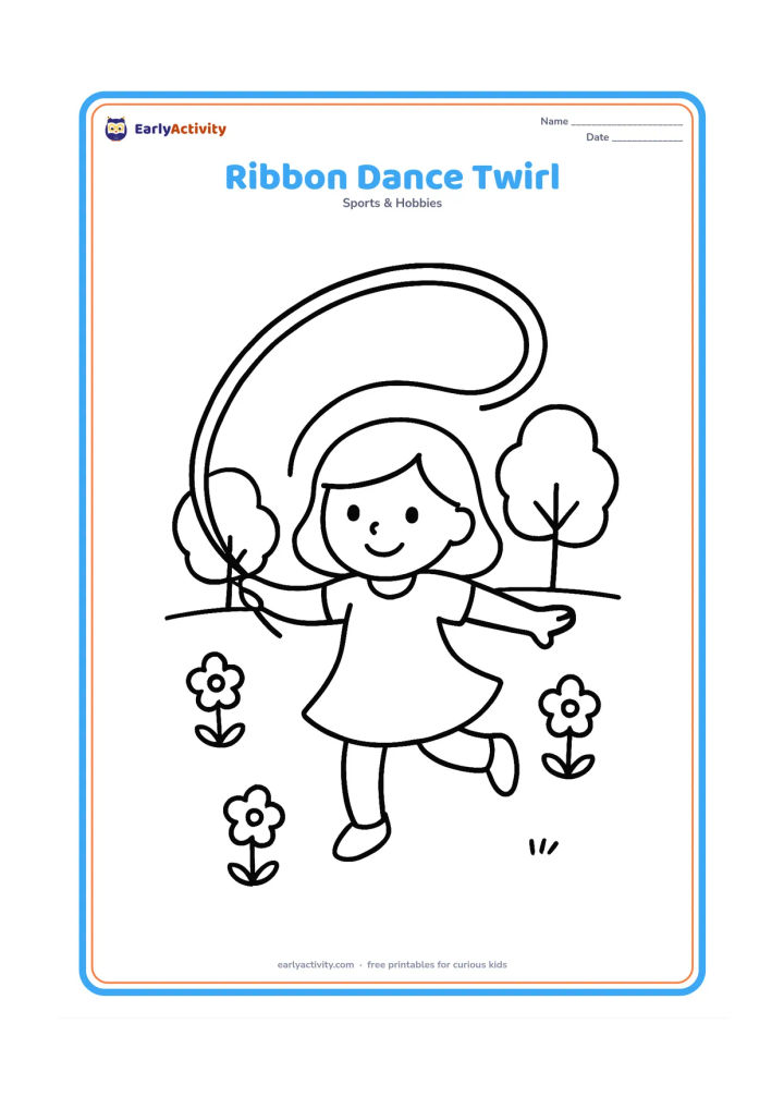 Colouring page: Draw one child spinning with a long ribbon making one large looping curve around them. Place the dancer in an open park with two simple trees and a few round flowers.