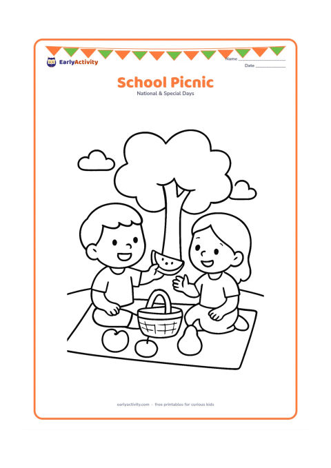 Colouring page: Two children sit on a picnic mat sharing fruit, with a basket, a tree, and a few clouds around them. Show one child offering a piece of fruit to the other.