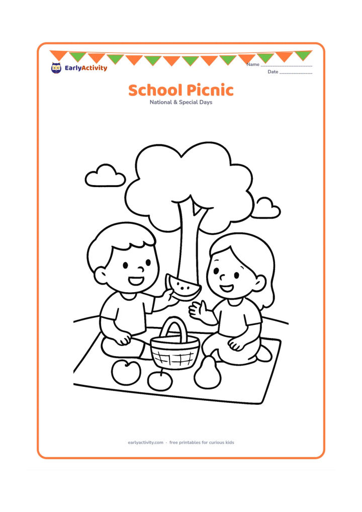 Colouring page: Two children sit on a picnic mat sharing fruit, with a basket, a tree, and a few clouds around them. Show one child offering a piece of fruit to the other.