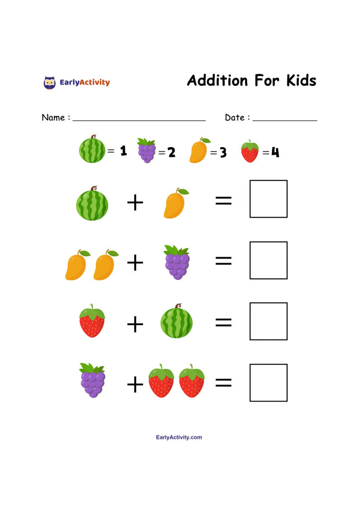 Worksheet page with a fruit number key and four addition equations using watermelons, grapes, yellow fruit, strawberries, and apples.