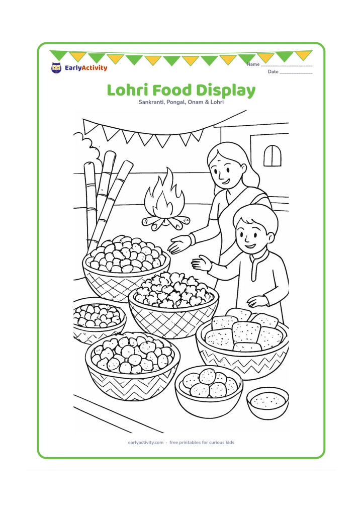 Colouring page: Draw a richly arranged festive food display with separate baskets of peanuts, popcorn, rewri and gajak, sugarcane stalks, serving bowls and a small bonfire behind it. Add two family…