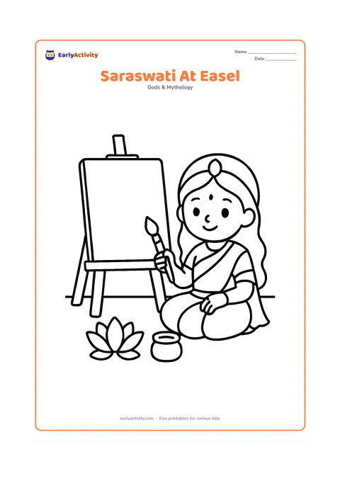 Colouring page: Saraswati sits beside a simple easel holding a blank canvas, with a paintbrush in her hand. Add a small paint pot, one lotus, and a plain floor line.
