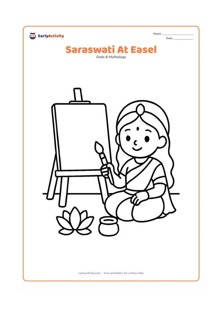 Colouring page: Saraswati sits beside a simple easel holding a blank canvas, with a paintbrush in her hand. Add a small paint pot, one lotus, and a plain floor line.