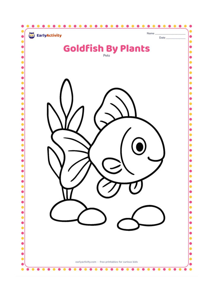 Colouring page: Draw one large goldfish beside two tall, broad-leaved water plants and a few large rounded stones. Show the fish facing forward at a slight angle.