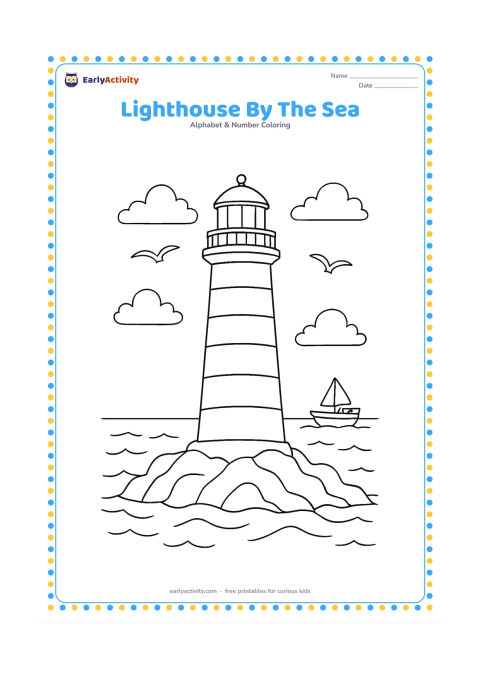 Colouring page: Draw a tall lighthouse on a rocky shore with a small lantern room, rolling waves, two seabirds and a boat in the distance. Add a few clouds and keep the lighthouse as the central shape.