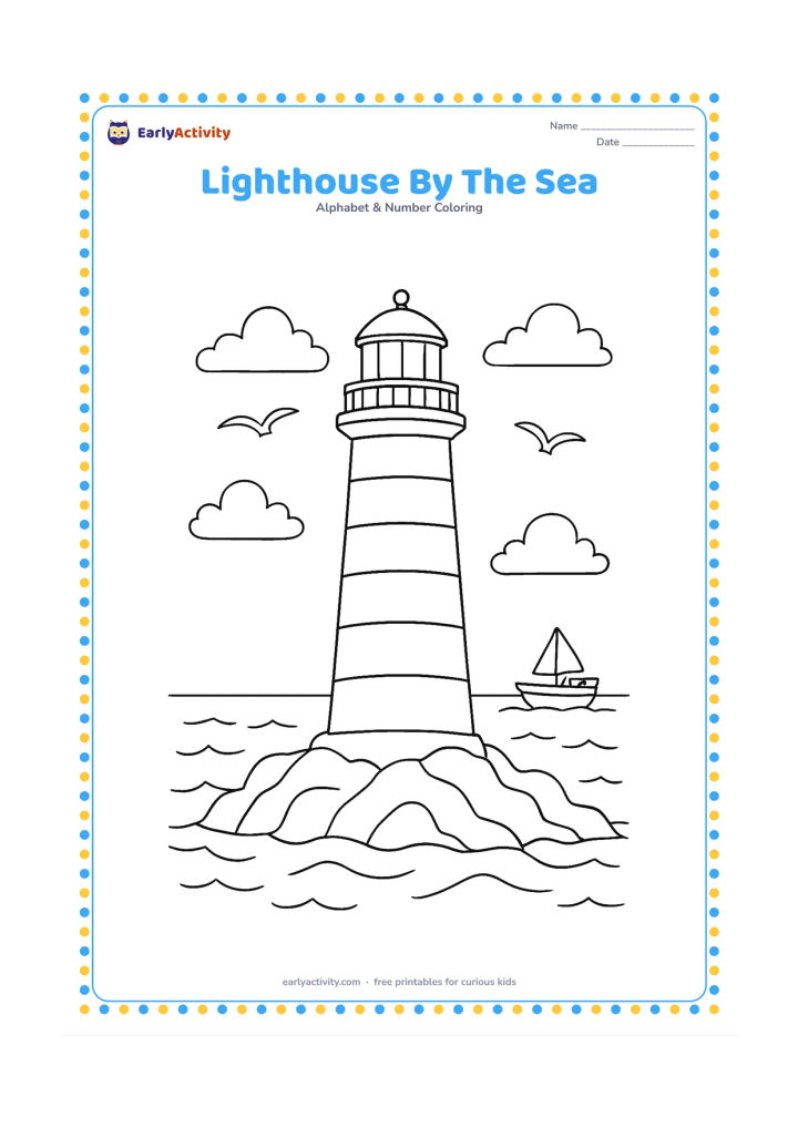 Colouring page: Draw a tall lighthouse on a rocky shore with a small lantern room, rolling waves, two seabirds and a boat in the distance. Add a few clouds and keep the lighthouse as the central shape.