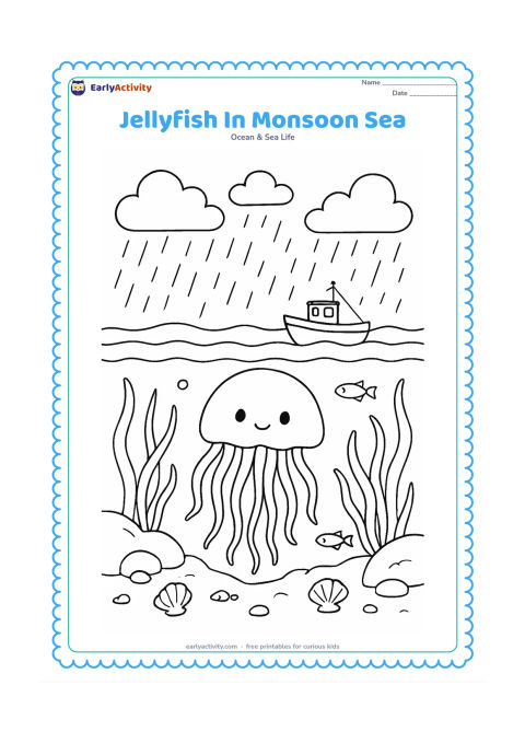 Colouring page: Draw a jellyfish offshore during a calm monsoon scene, with rain clouds and gentle waves above the surface. Underwater, show swaying seagrass, a fishing boat in the distance, rocks,…