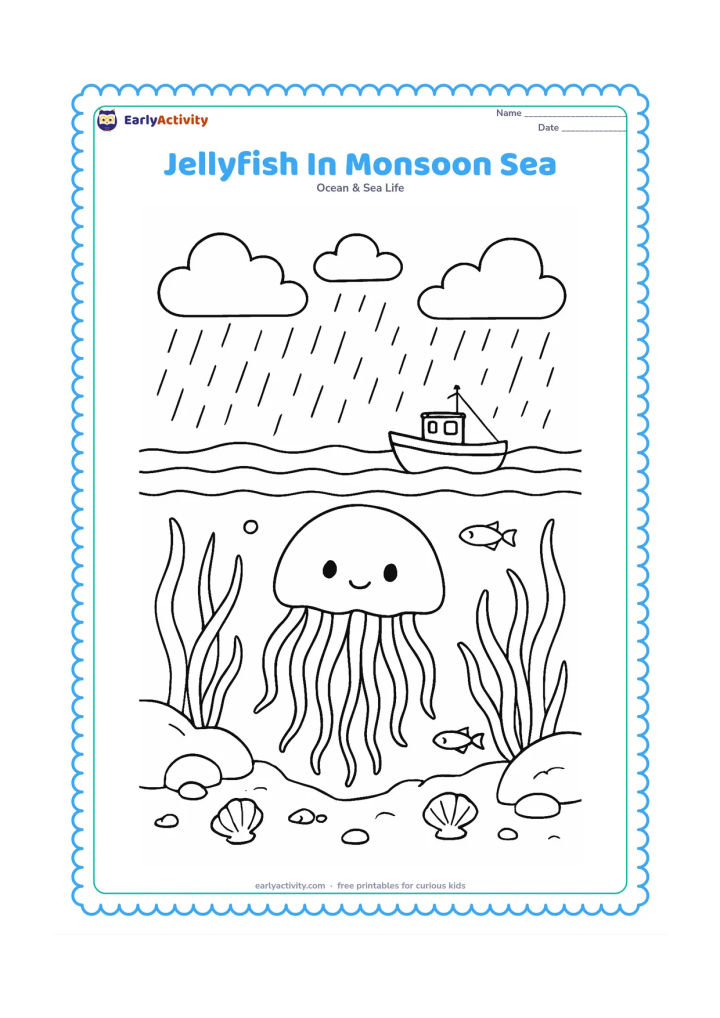 Colouring page: Draw a jellyfish offshore during a calm monsoon scene, with rain clouds and gentle waves above the surface. Underwater, show swaying seagrass, a fishing boat in the distance, rocks,…