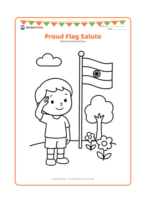 Colouring page: Draw a young child standing upright and saluting a large Indian flag on a pole. Include a simple school garden with a few flowers, a tree and clouds.
