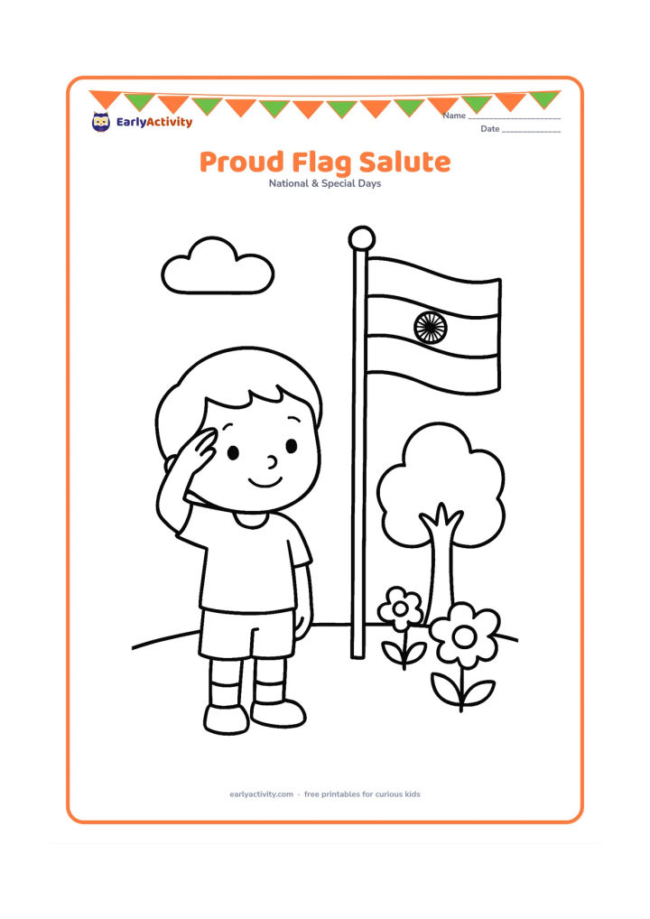 Colouring page: Draw a young child standing upright and saluting a large Indian flag on a pole. Include a simple school garden with a few flowers, a tree and clouds.