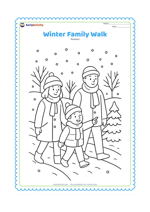 Colouring page: Three family members walk along a snowy path wearing coats, hats and scarves, with one child pointing toward a snow-covered tree. Add gentle hills, bare trees and scattered snowflakes.