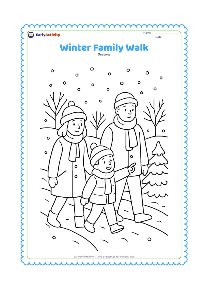 Colouring page: Three family members walk along a snowy path wearing coats, hats and scarves, with one child pointing toward a snow-covered tree. Add gentle hills, bare trees and scattered snowflakes.