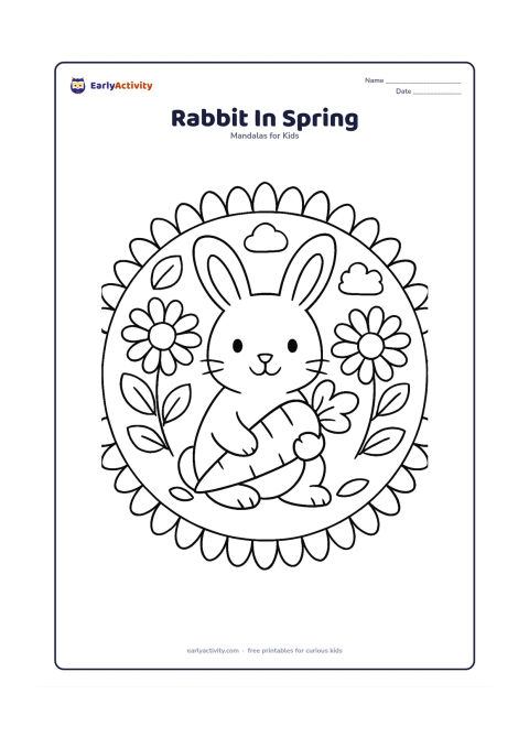 Colouring page: A rabbit sits in the middle of a round spring mandala holding one large carrot. Surround it with big daisies, simple leaves, rounded clouds and repeating petal shapes.