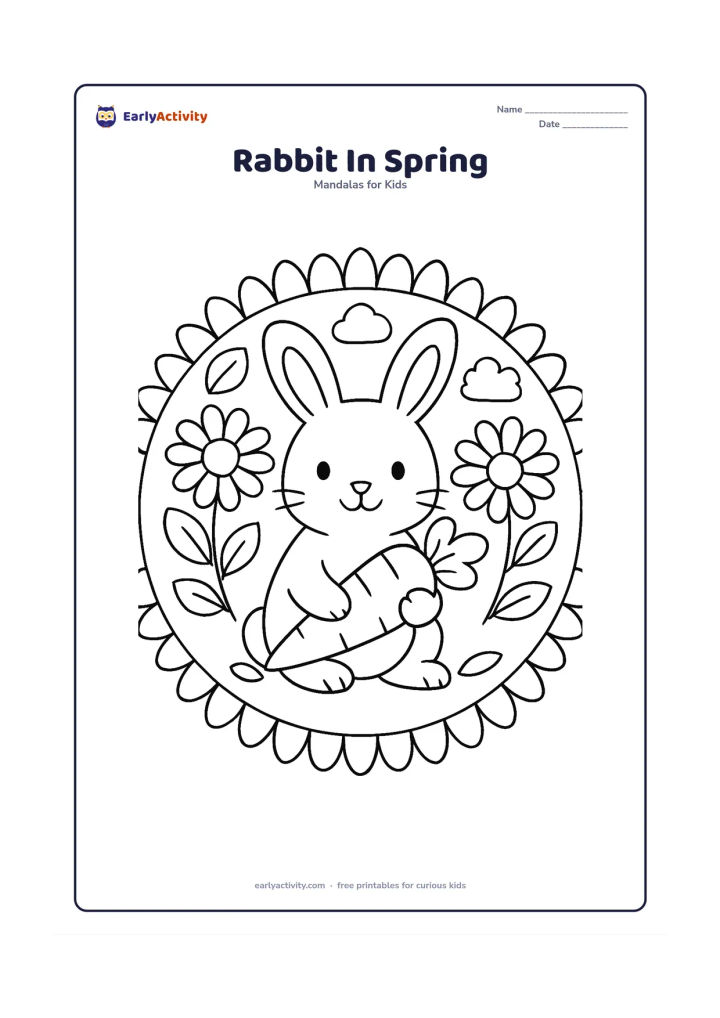 Colouring page: A rabbit sits in the middle of a round spring mandala holding one large carrot. Surround it with big daisies, simple leaves, rounded clouds and repeating petal shapes.