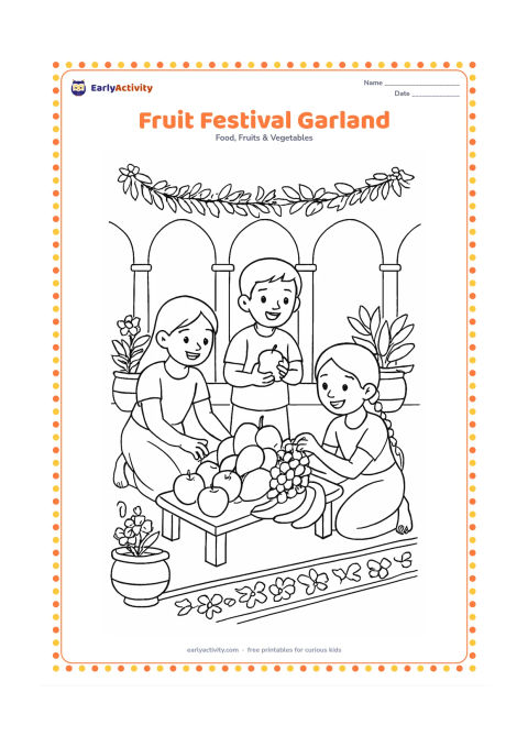 Colouring page: A cheerful Indian courtyard prepared for a fruit-themed celebration, with children arranging mangoes, apples, grapes, and bananas on a low table, leafy garlands, flower pots, and floor…