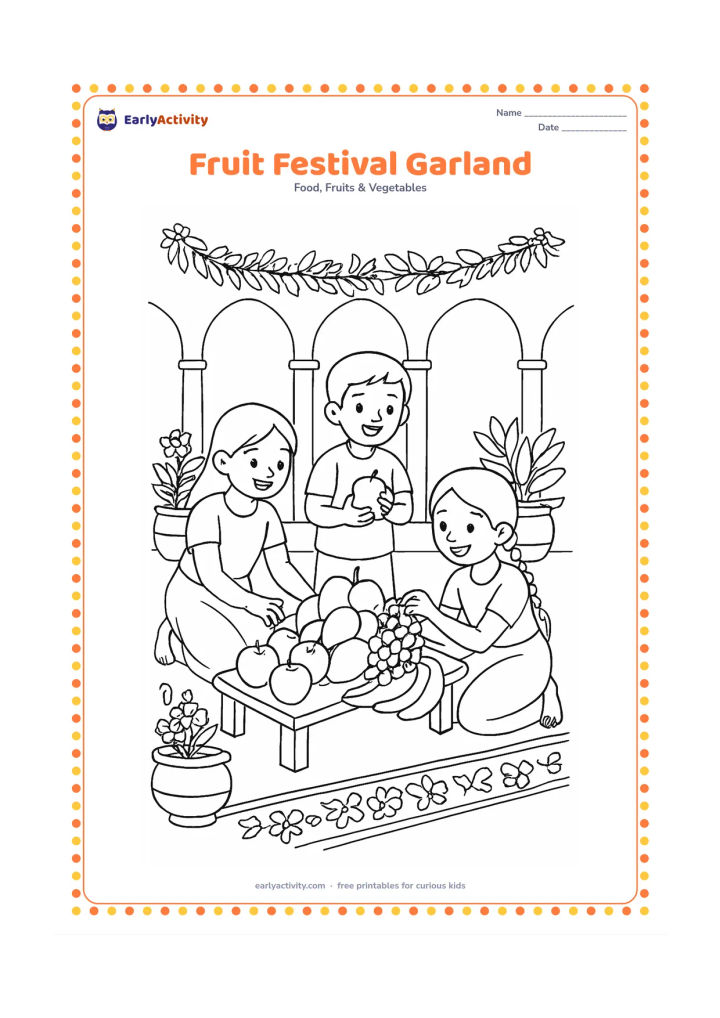 Colouring page: A cheerful Indian courtyard prepared for a fruit-themed celebration, with children arranging mangoes, apples, grapes, and bananas on a low table, leafy garlands, flower pots, and floor…