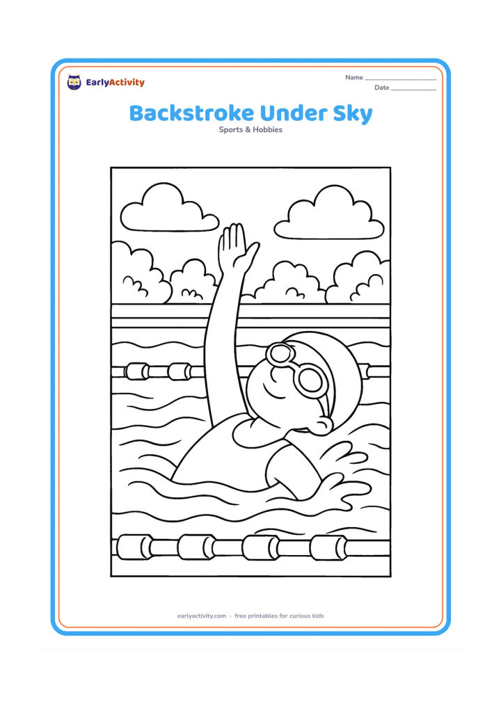 Colouring page: A swimmer performs backstroke while looking up at the sky, with one arm raised and the other entering the water. Show lane ropes, poolside trees and soft clouds, with no text or symbols.