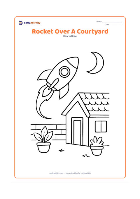 Worksheet: A colourful-looking rocket outline flies above an Indian home courtyard with a low wall, potted plants and a crescent moon, using a side view, fins, window and curved flame trail.…