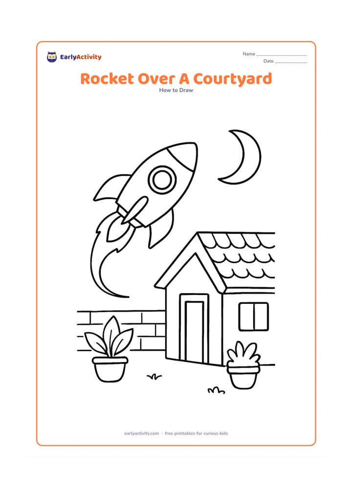 Worksheet: A colourful-looking rocket outline flies above an Indian home courtyard with a low wall, potted plants and a crescent moon, using a side view, fins, window and curved flame trail.…