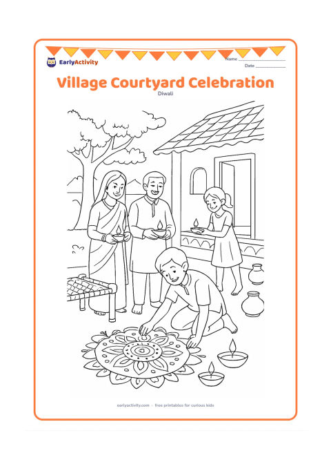 Colouring page: A family celebrates in an Indian village courtyard at dusk, with an older child arranging a detailed rangoli while relatives place diyas along the veranda. Include a low charpai, clay…