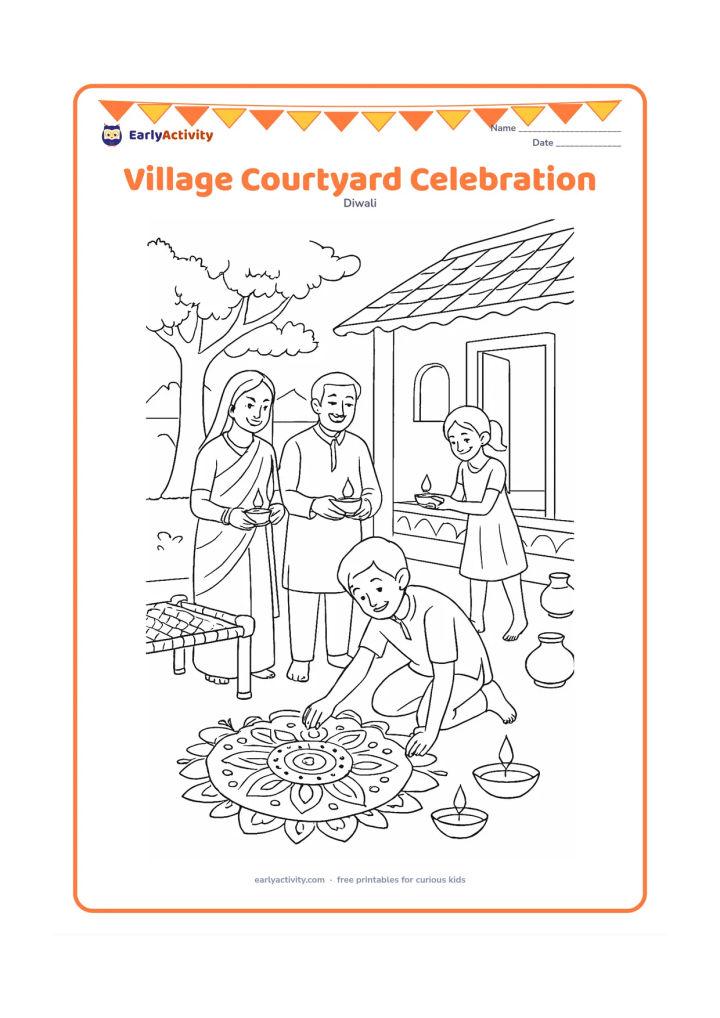 Colouring page: A family celebrates in an Indian village courtyard at dusk, with an older child arranging a detailed rangoli while relatives place diyas along the veranda. Include a low charpai, clay…