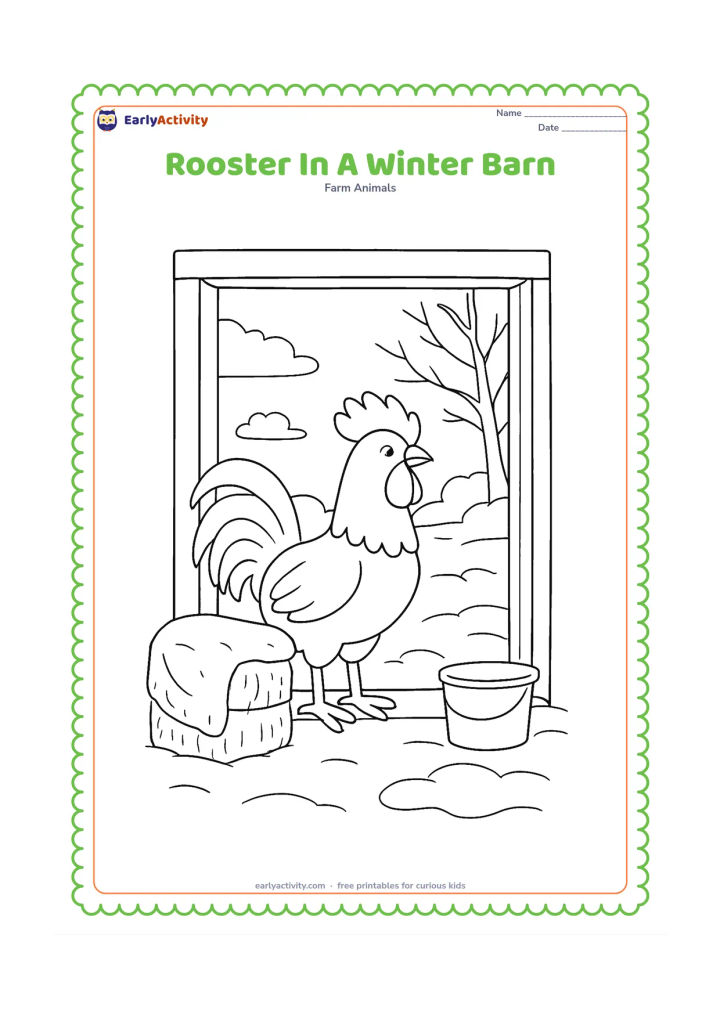Colouring page: Draw a rooster standing inside an open barn doorway on a cool morning. Show a woollen-looking blanket on a bale, bare branches outside, a bucket and soft snow patches beyond the threshold.