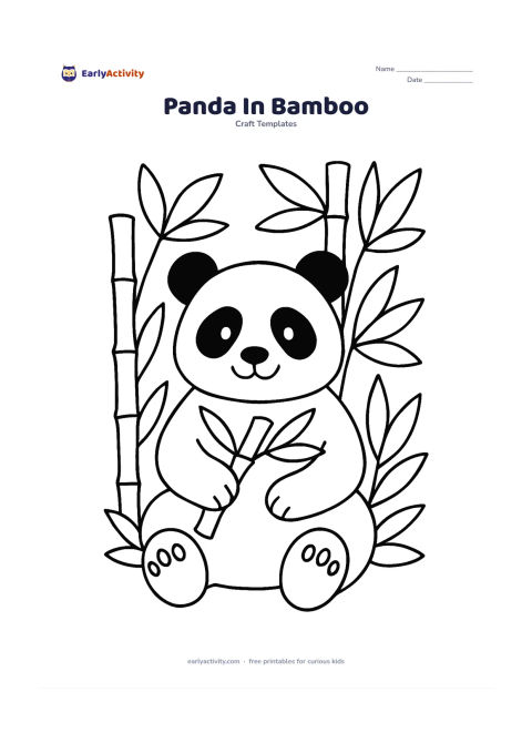 Worksheet: Draw a seated panda holding one bamboo stalk, with distinct eye patches, rounded paws and a large belly. Surround it with several thick bamboo stems and broad leaves, leaving the panda…