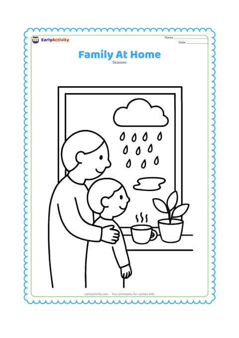 Colouring page: A parent and child look out through a large rainy window while a teacup and potted plant sit nearby. Outside, show a cloud, falling rain and one puddle.