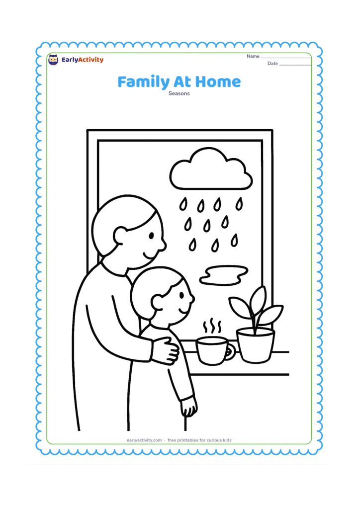Colouring page: A parent and child look out through a large rainy window while a teacup and potted plant sit nearby. Outside, show a cloud, falling rain and one puddle.