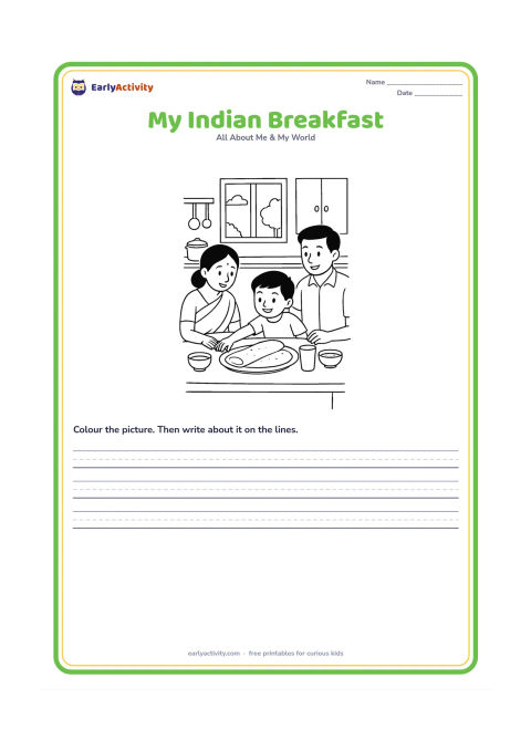 Worksheet: A child sits with family at breakfast and reaches for a dosa on a plate, with a small bowl of sambar and a steel tumbler nearby. Show a bright Indian kitchen with a window and simple…
