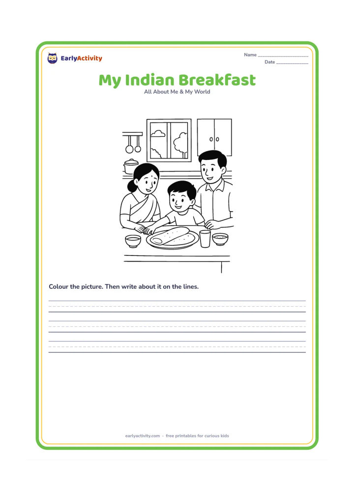 Worksheet: A child sits with family at breakfast and reaches for a dosa on a plate, with a small bowl of sambar and a steel tumbler nearby. Show a bright Indian kitchen with a window and simple…