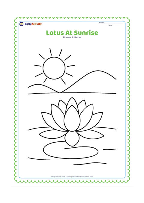 Colouring page: Draw one large lotus in a pond beneath a simple rising sun, with two broad hills in the distance and one floating leaf in front. Keep the scene spacious and calm.