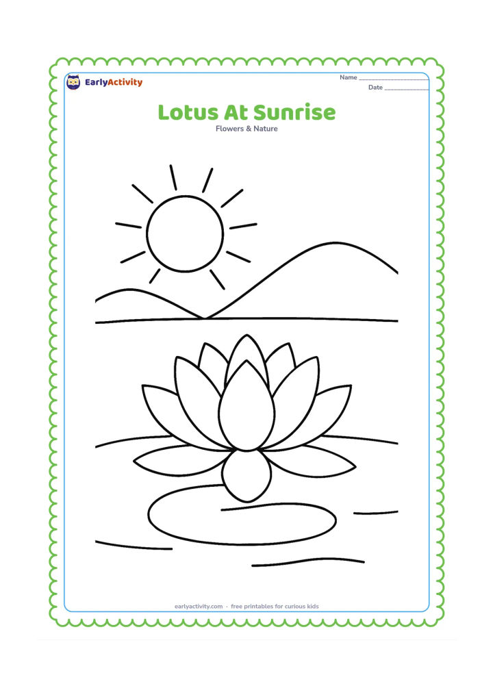 Colouring page: Draw one large lotus in a pond beneath a simple rising sun, with two broad hills in the distance and one floating leaf in front. Keep the scene spacious and calm.