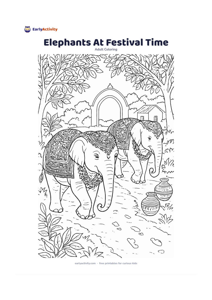 Colouring page: Draw two friendly Indian elephants walking together along a village path, wearing patterned cloth coverings and flower garlands. Include leafy trees, clay pots, a simple arched gateway…