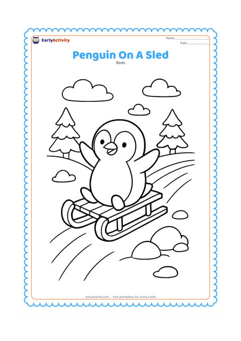 Colouring page: Draw a penguin riding a simple wooden sled down a gentle snowy hill, with flippers lifted happily. Add curved sled tracks, pine trees, snow-covered rocks, and a cloudy winter sky.