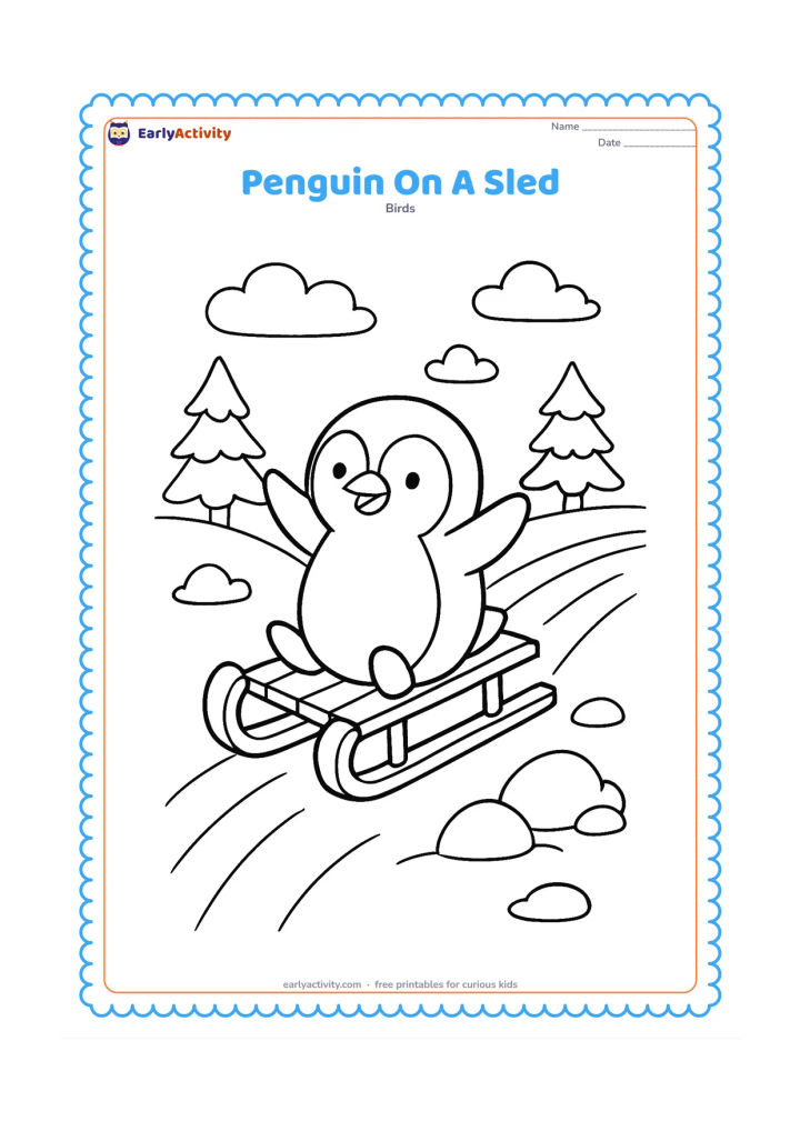 Colouring page: Draw a penguin riding a simple wooden sled down a gentle snowy hill, with flippers lifted happily. Add curved sled tracks, pine trees, snow-covered rocks, and a cloudy winter sky.
