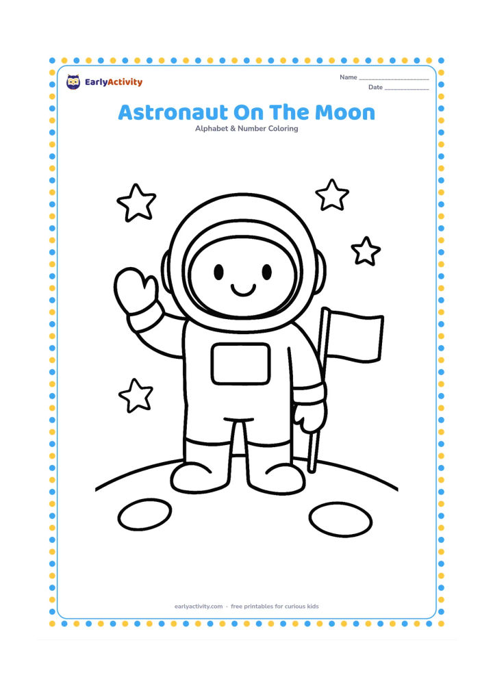 Colouring page: Draw a smiling astronaut standing on a simple moon surface and waving one hand. Add a small flag without any symbol, two round craters, and a few stars in the background.