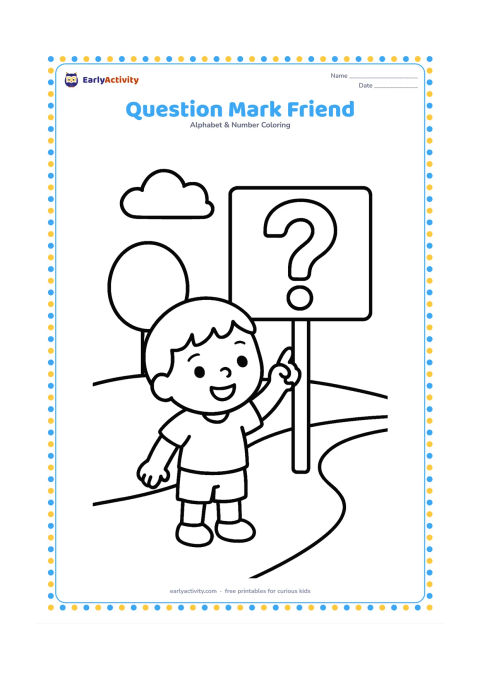 Colouring page: A cheerful child points up at a large question mark on a simple signboard. Show the child standing on a path with one round tree and two clouds behind.