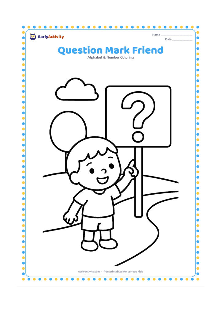 Colouring page: A cheerful child points up at a large question mark on a simple signboard. Show the child standing on a path with one round tree and two clouds behind.