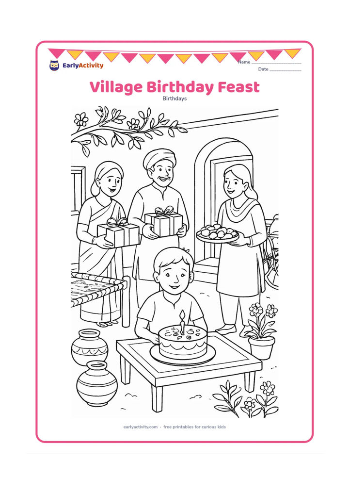 Colouring page: In an Indian village courtyard, a child sits at a decorated low table with a cake while relatives bring wrapped gifts and plates of festive food. Include a doorway, woven charpai, clay…