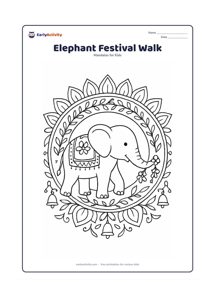 Colouring page: A decorated elephant walks in profile through the centre of a round mandala, carrying a small flower garland with its trunk. Surround it with repeating lotus petals, leafy vines, simple…
